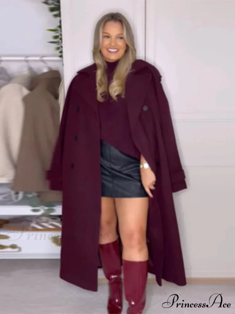 Red Buttons with Belt Wool Coat