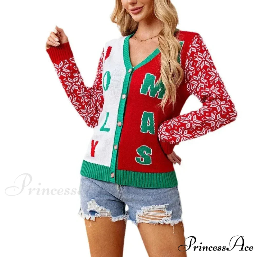 Red Casual Letter Jacquard V-Neck Cardigan