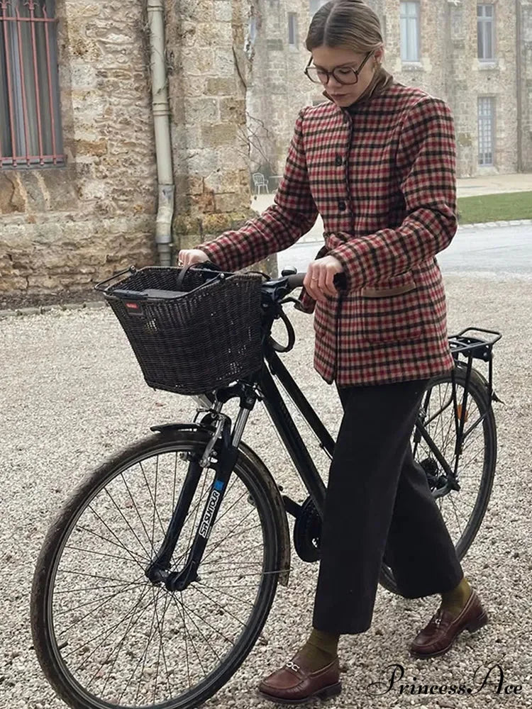Red Checked Wool Jacket with Belt Coat