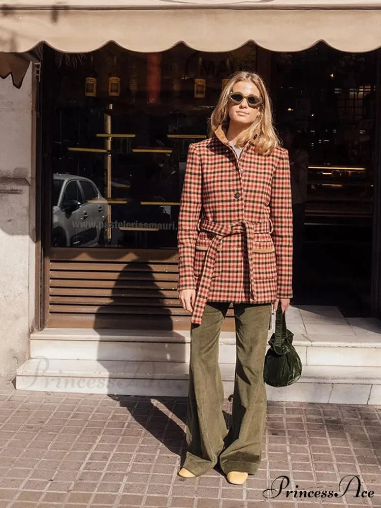 Red Checked Wool Jacket with Belt Coat