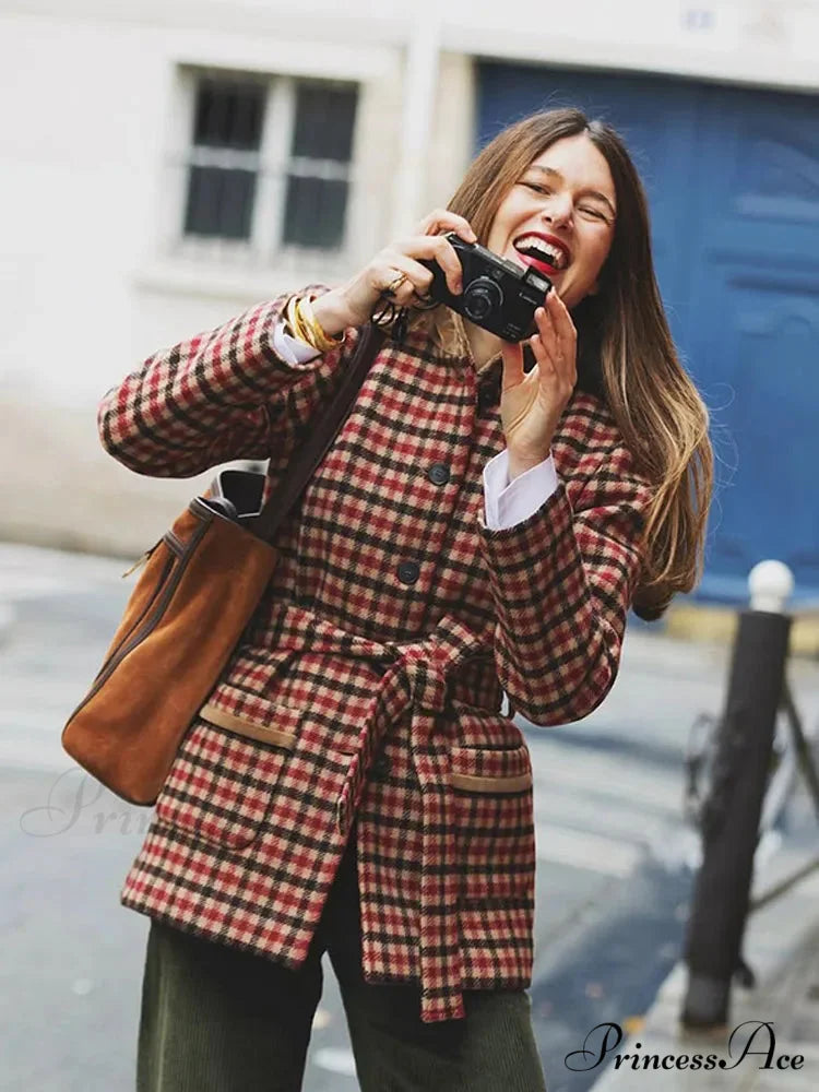 Red Checked Wool Jacket with Belt Coat