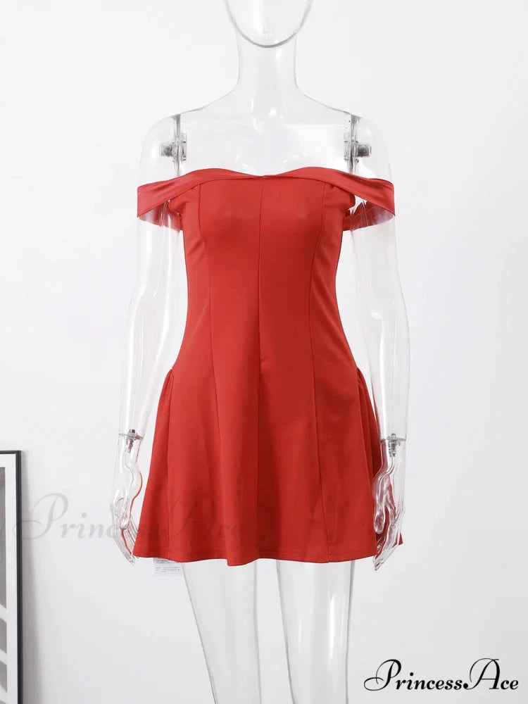 Red Christmas Party Dress - Off Shoulder Backless Pleated Zipper