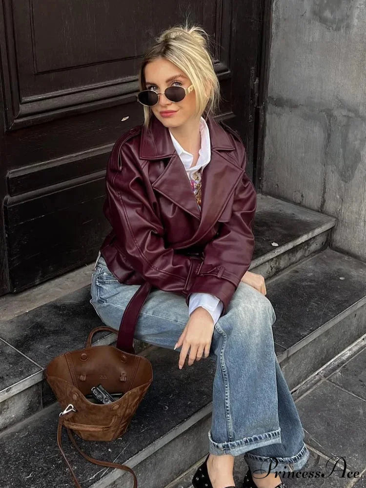 Red Collar Brief Leather Jacket