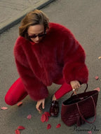 Red Faux Fur O-neck Short Coat