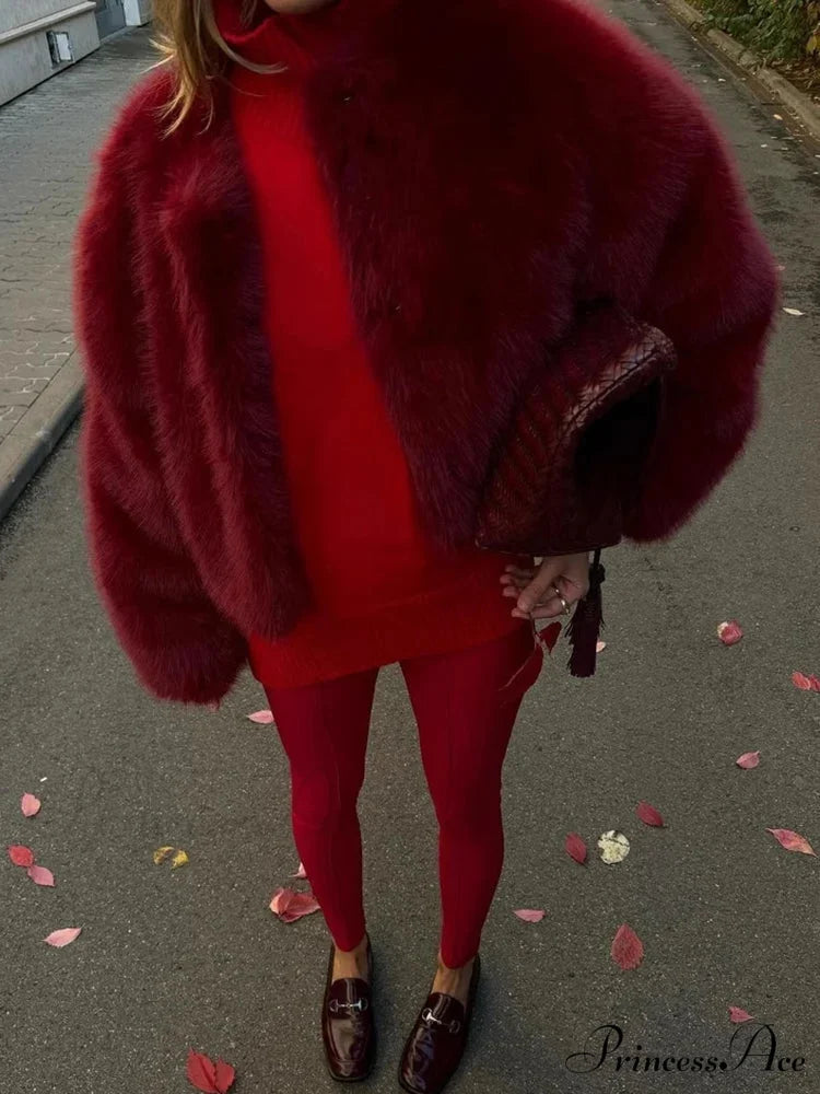 Red Faux Fur O-neck Short Coat