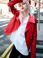 Red Faux PU Leather Motorcycle Coat