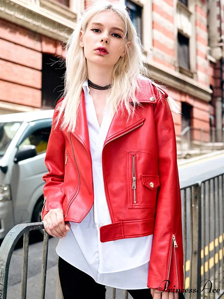 Red Faux PU Leather Motorcycle Coat