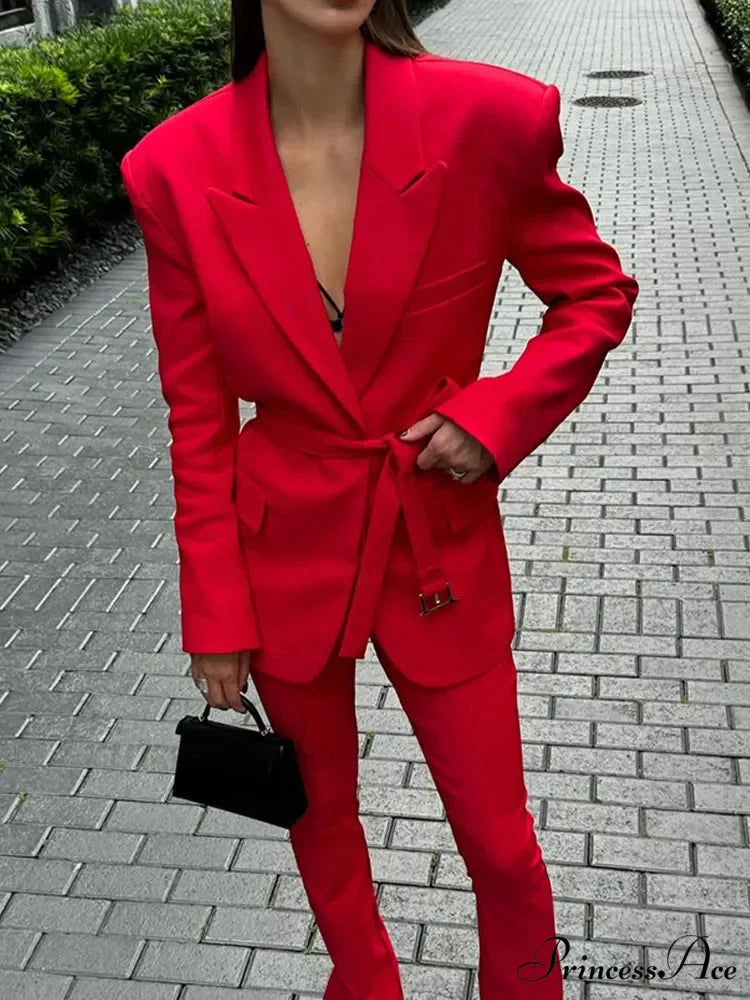 Red Flip Collar Lace-Up Coat