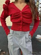 Red Flower V-neck Knitted Cardigan