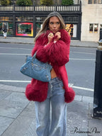Red Fluffy Faux Fur Splicing Coat