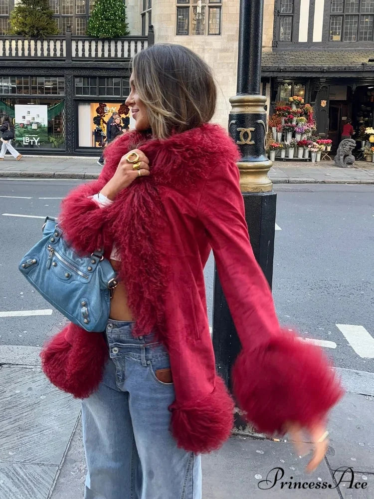 Red Fluffy Faux Fur Splicing Coat