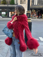 Red Fluffy Faux Fur Splicing Coat