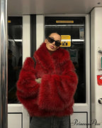 Red Fluffy Faux Fur Turn-Down Coat