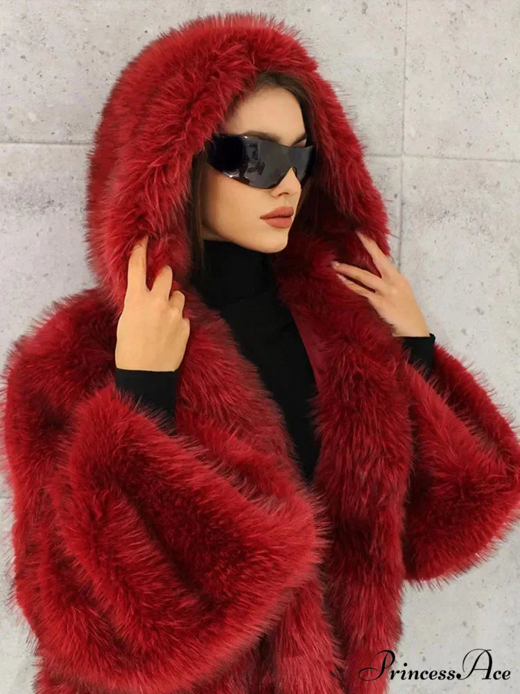 Red Fluffy Hooded Faux Fur Coat