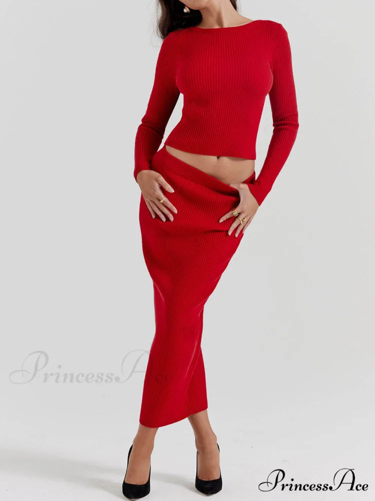 Red Knit-Blend Stylish Maxi Skirt
