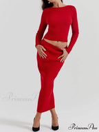 Red Knit-Blend Stylish Maxi Skirt