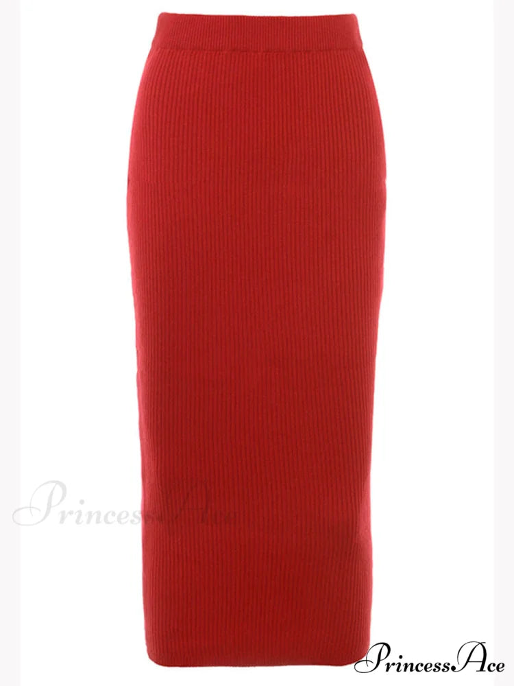 Red Knit-Blend Stylish Maxi Skirt