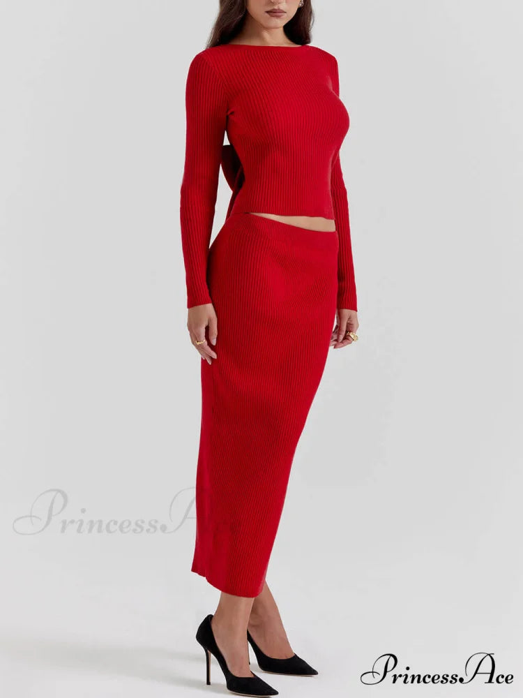 Red Knit-Blend Stylish Maxi Skirt