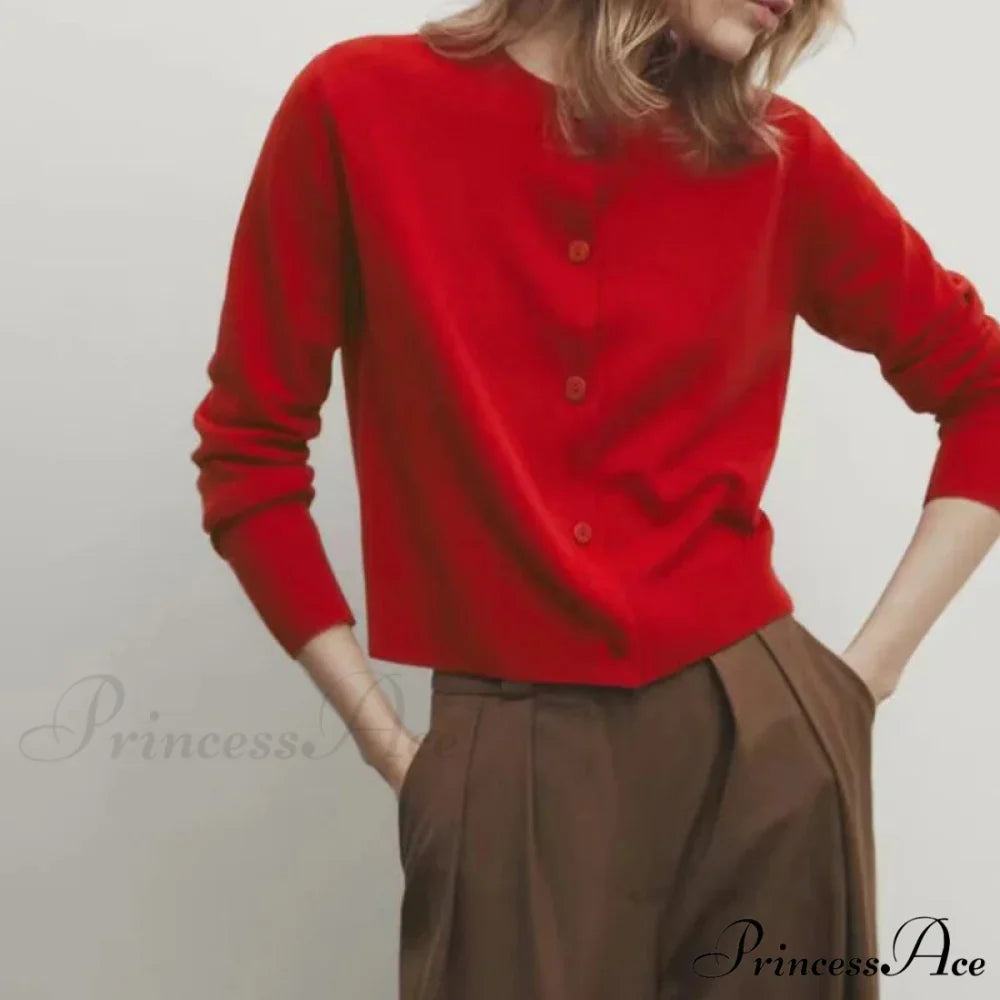 Red Knit Button Long Sleeve Cardigan