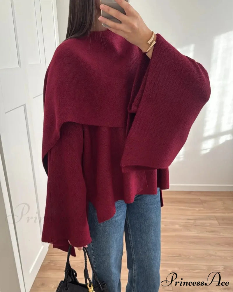 Red Knitted Jacket with Scarf Coat