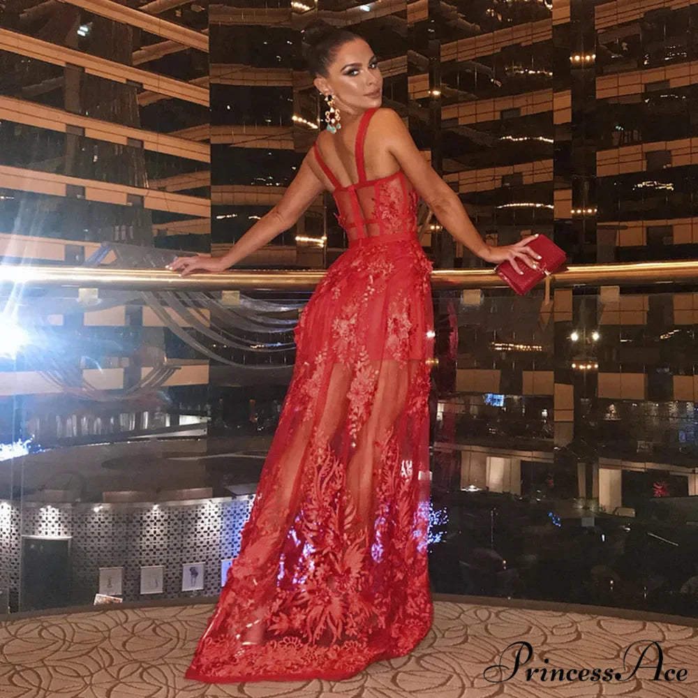 Red Lace Backless Christmas Party Dress