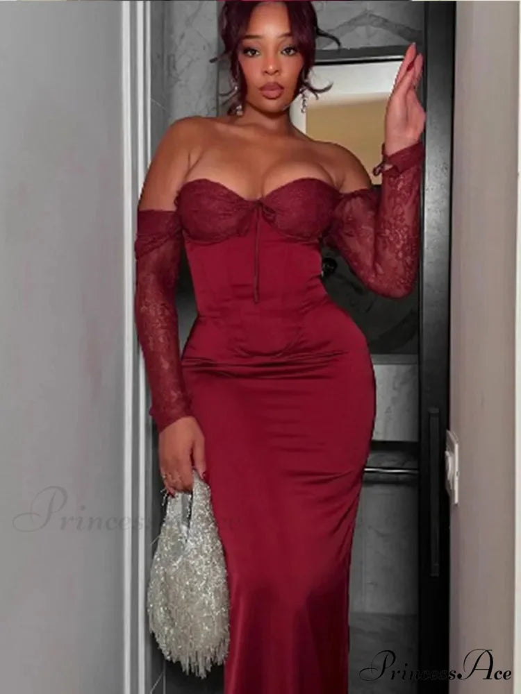 Red Lace Patchwork Split Party Dress