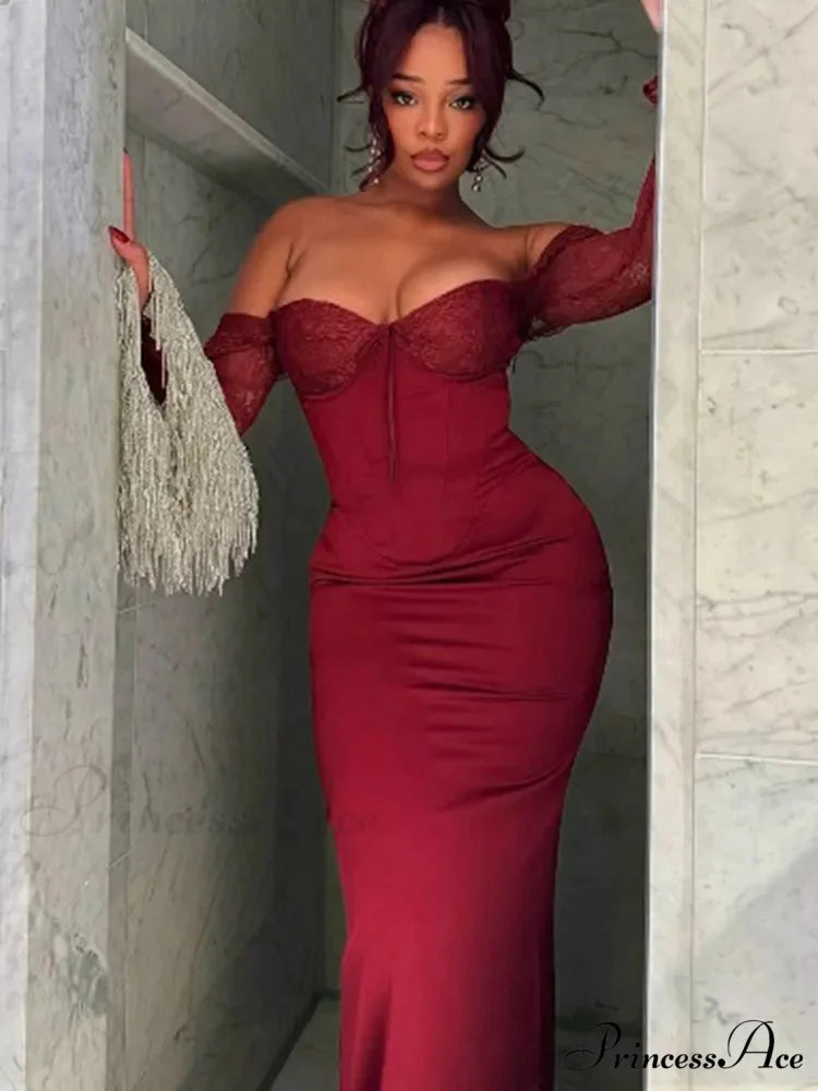 Red Lace Patchwork Split Party Dress