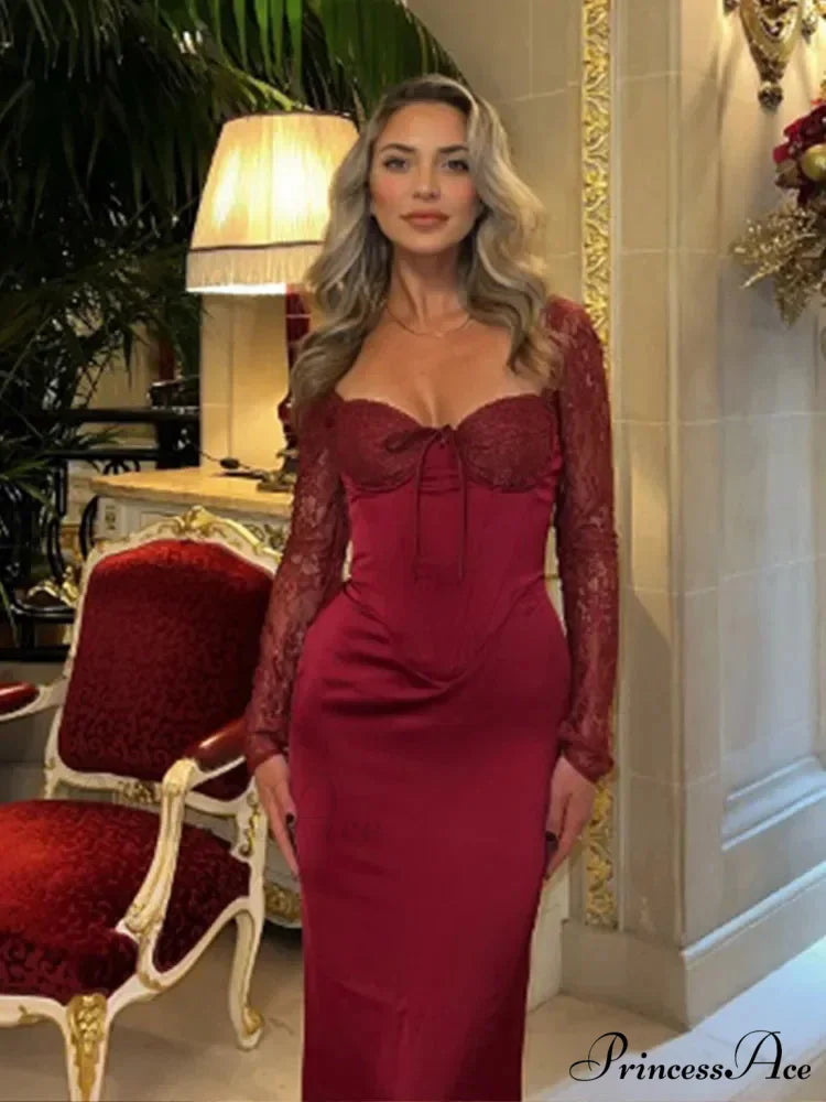 Red Lace Patchwork Split Party Dress