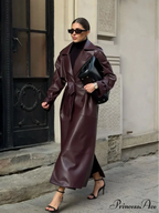 Red Lapel Leather Belted Coat