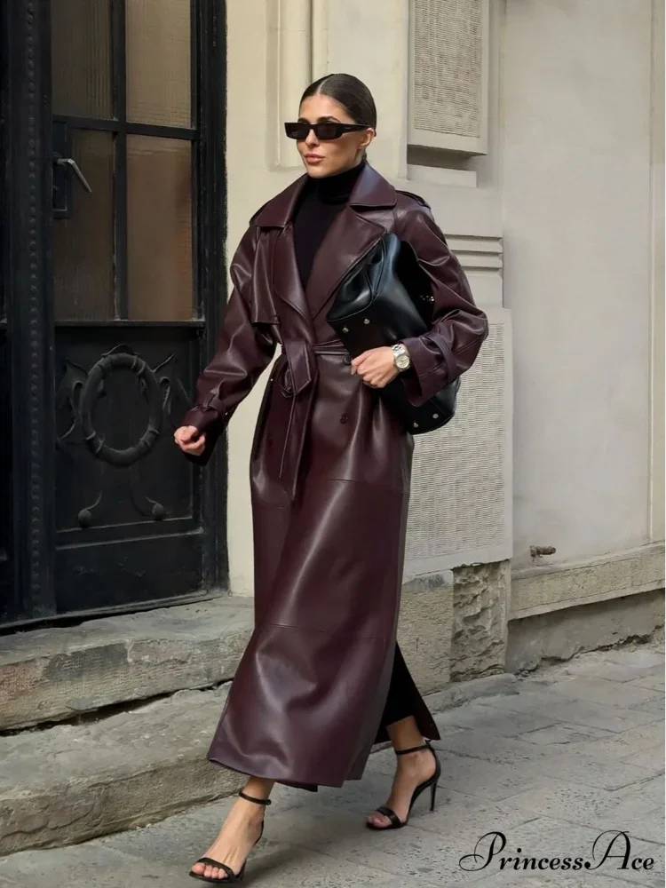 Red Lapel Leather Belted Coat