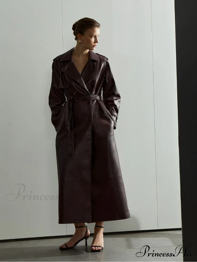 Red Lapel Leather Belted Coat