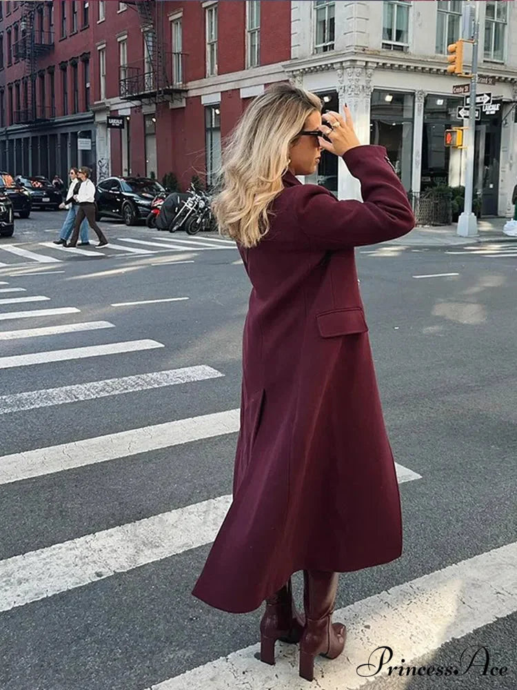 Red Lapel Wool Mix Long Coat