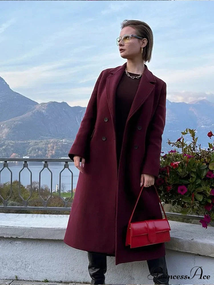 Red Lapel Wool Mix Long Coat