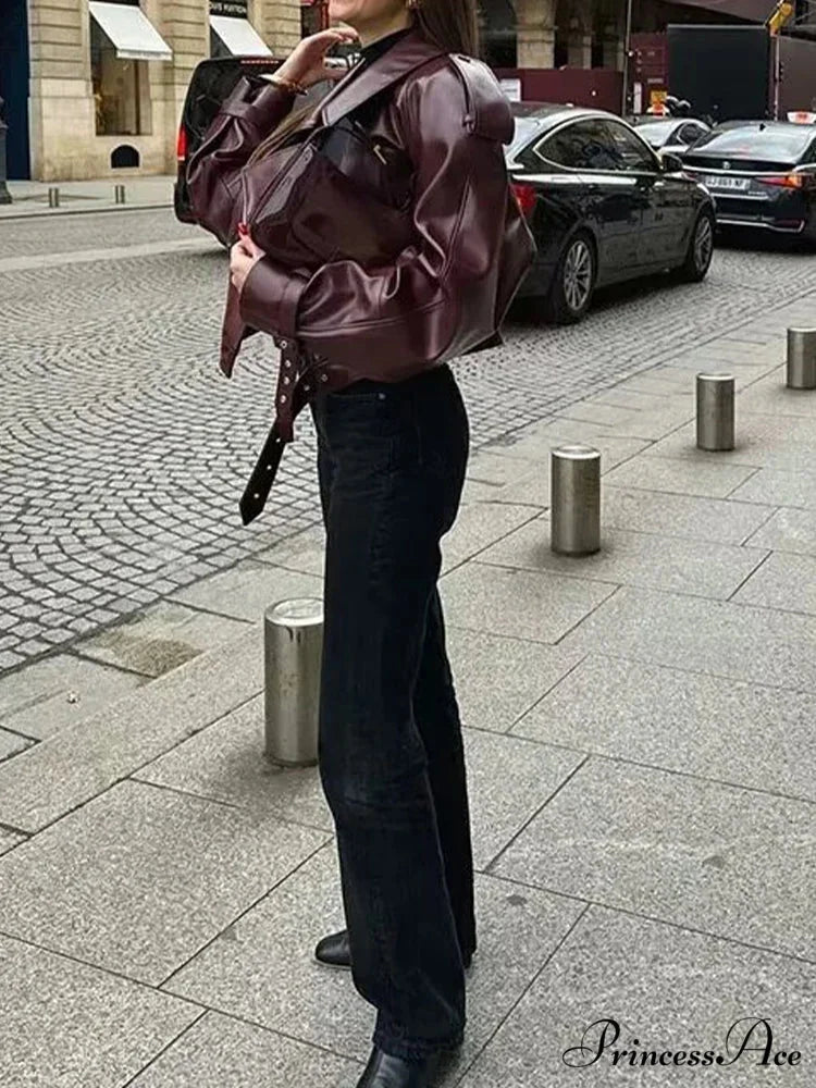 Red Leather Retro Moto Coat