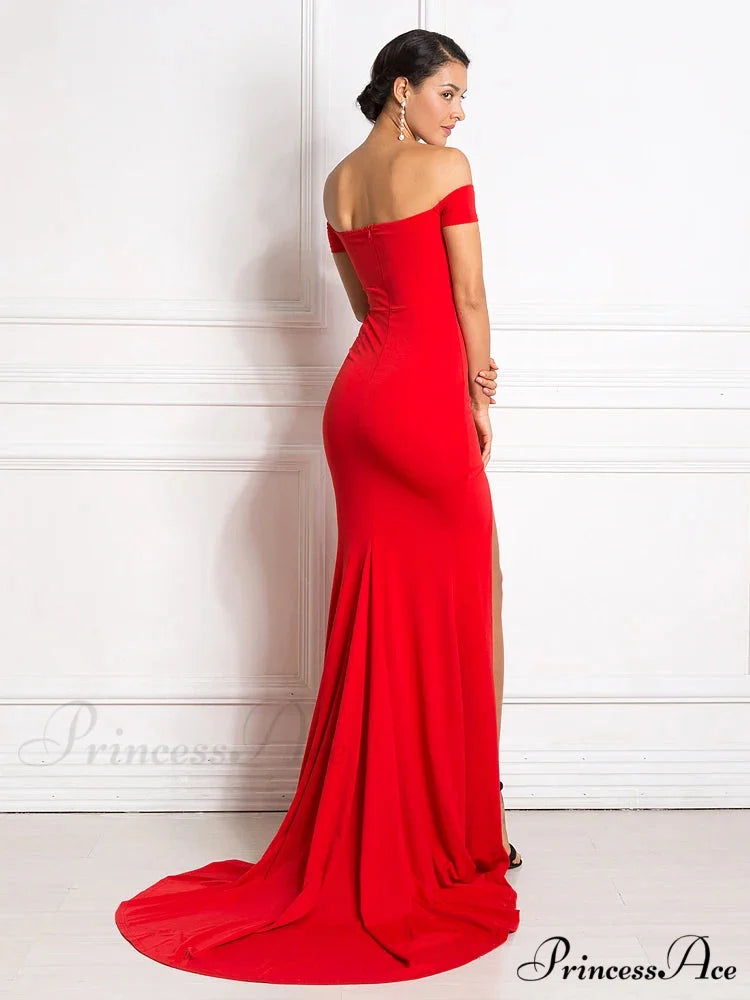 Red Off Shoulder Mermaid Bodycon Split Christmas Party Dress