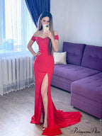 Red Off Shoulder Mermaid Bodycon Split Christmas Party Dress