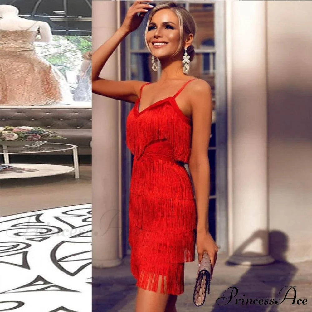 Red Party Evening Luxury Tassel Fringed Bodycon Dress