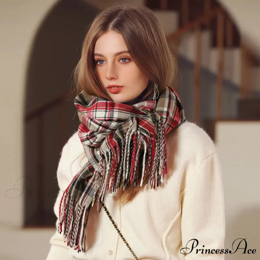 Red Plaid Cashmere Korean Style Fashion Warmer Hijab Pashmina Scarf for Women