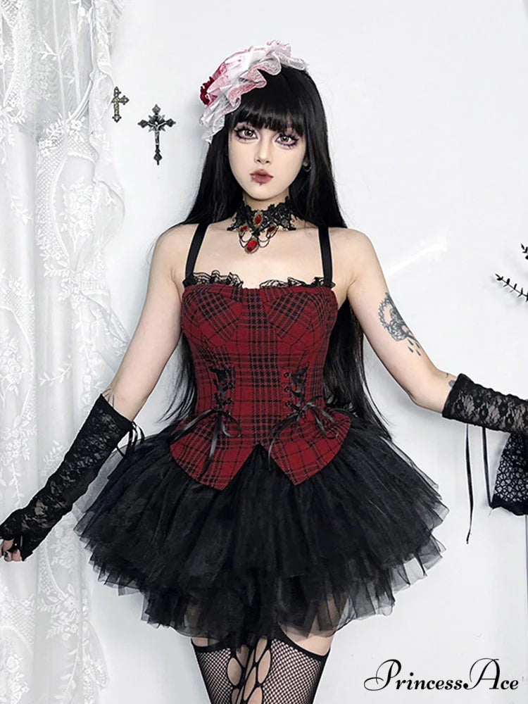 Red Plaid Patchwork Aesthetic Mall Goth Bandage Sleeveless Cropped Crop Top