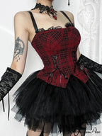 Red Plaid Patchwork Aesthetic Mall Goth Bandage Sleeveless Cropped Crop Top