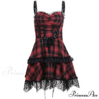 Red Plaid Street Goth Fairy Grunge Y2K Pleated Lace-up Tube Lolita Partywear Eyelet Corset Dress