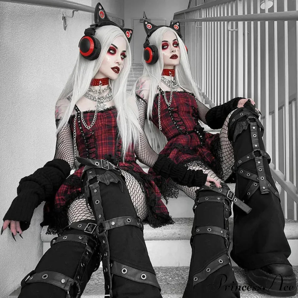 Red Plaid Street Goth Fairy Grunge Y2K Pleated Lace-up Tube Lolita Partywear Eyelet Corset Dress