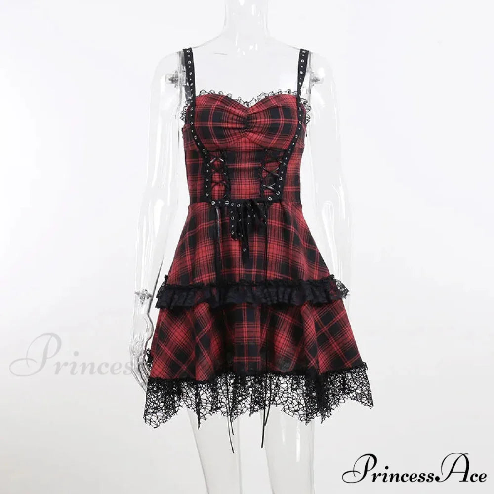 Red Plaid Street Goth Fairy Grunge Y2K Pleated Lace-up Tube Lolita Partywear Eyelet Corset Dress