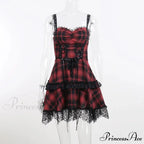 Red Plaid Street Goth Fairy Grunge Y2K Pleated Lace-up Tube Lolita Partywear Eyelet Corset Dress