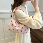 Red Print Corduroy Small Tote Handbag