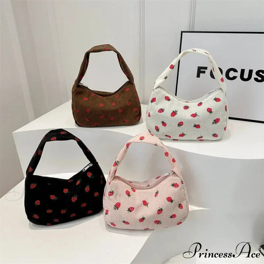 Red Print Corduroy Small Tote Handbag