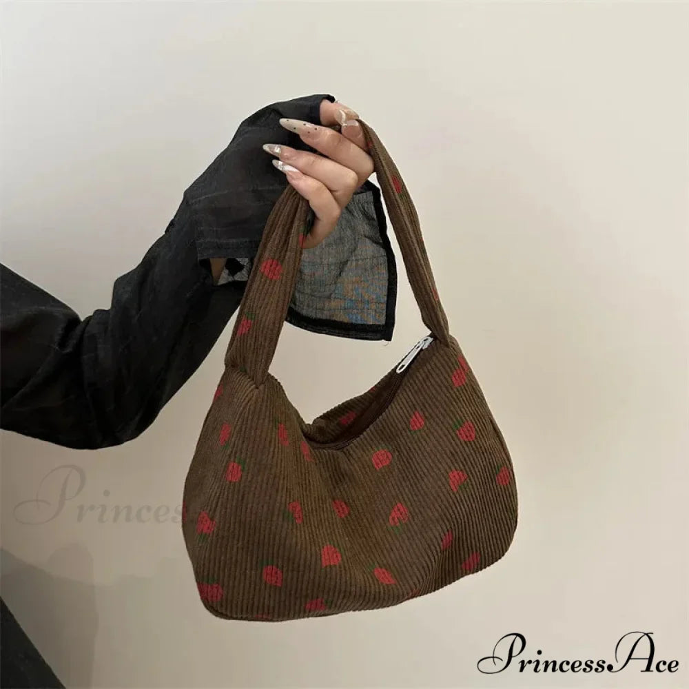 Red Print Corduroy Small Tote Handbag