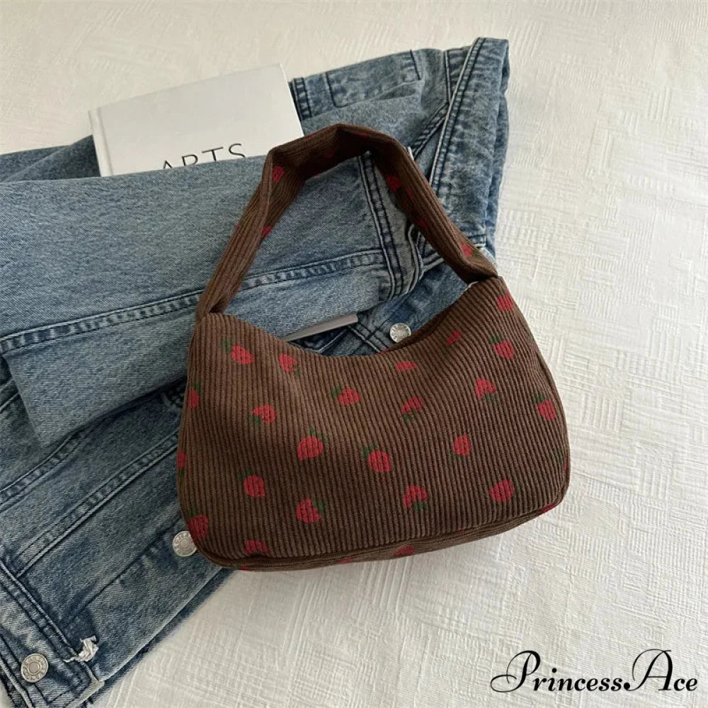 Red Print Corduroy Small Tote Handbag