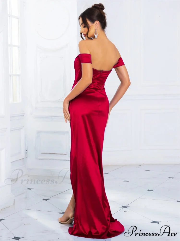 Red Satin Fish Bone Party Dress