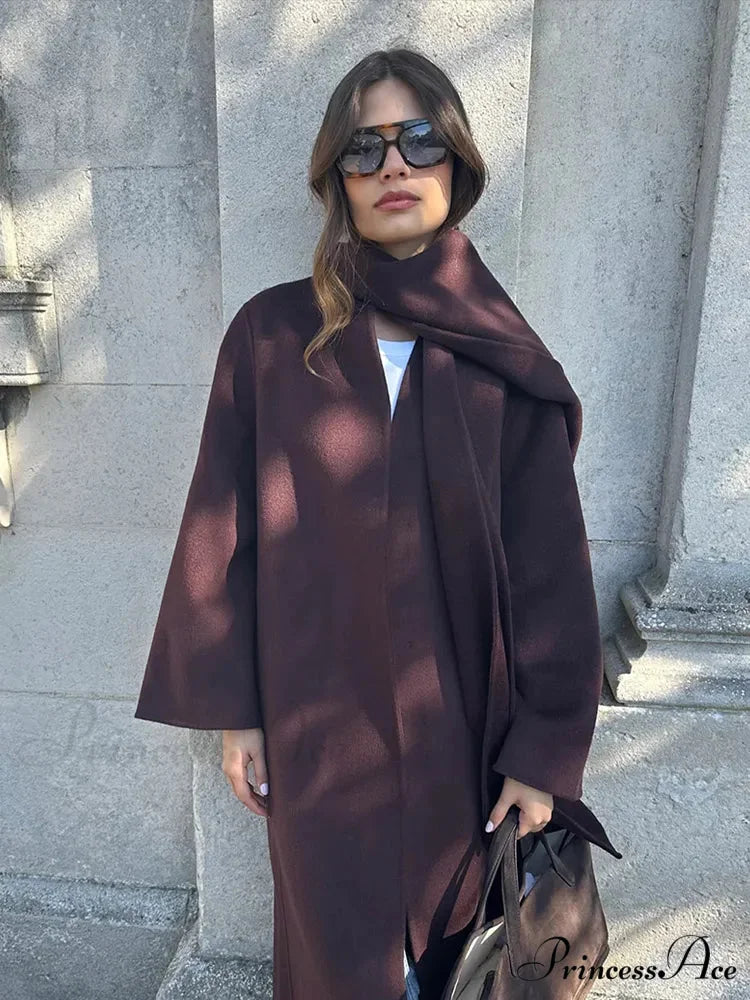 Red Scarf Collar Woolen Coat